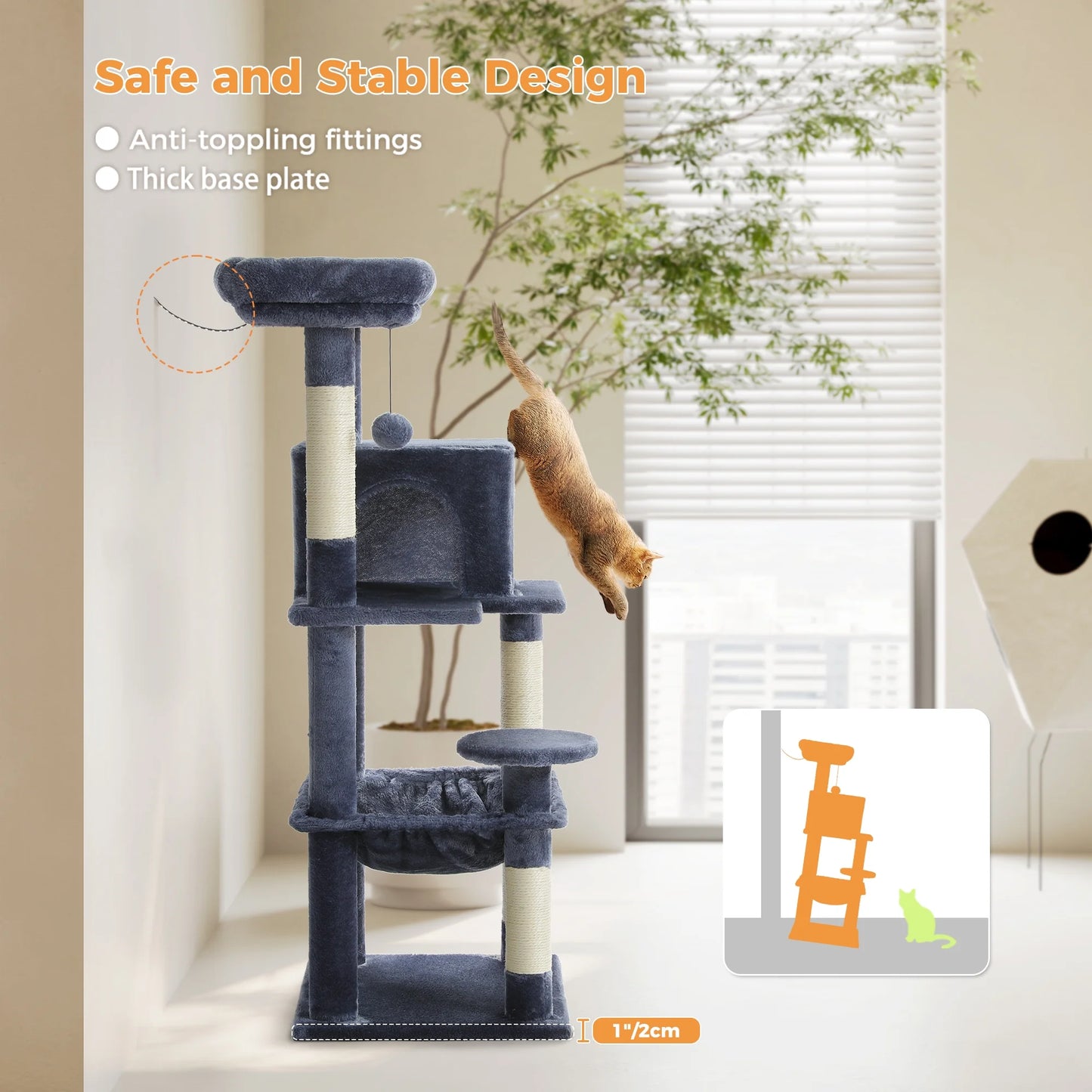 Cat Tree Condo 46”With Sisal Covered Scratching Posts Tower Deep Hammock and Large Perch for Small Cats,Dark Gray