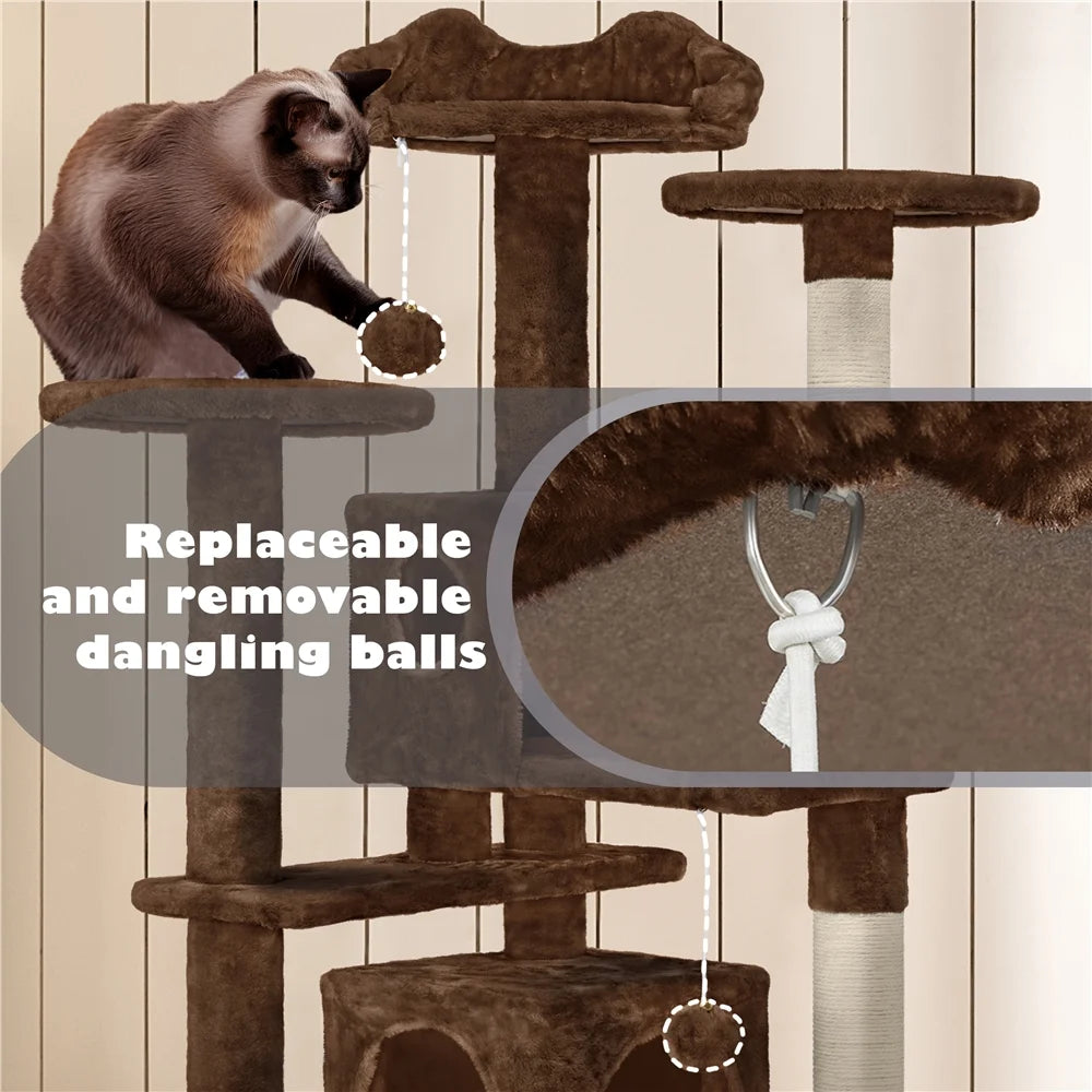 53.9" H Cat Tree with Double Condos, Scratching Posts & Ramp, Brown