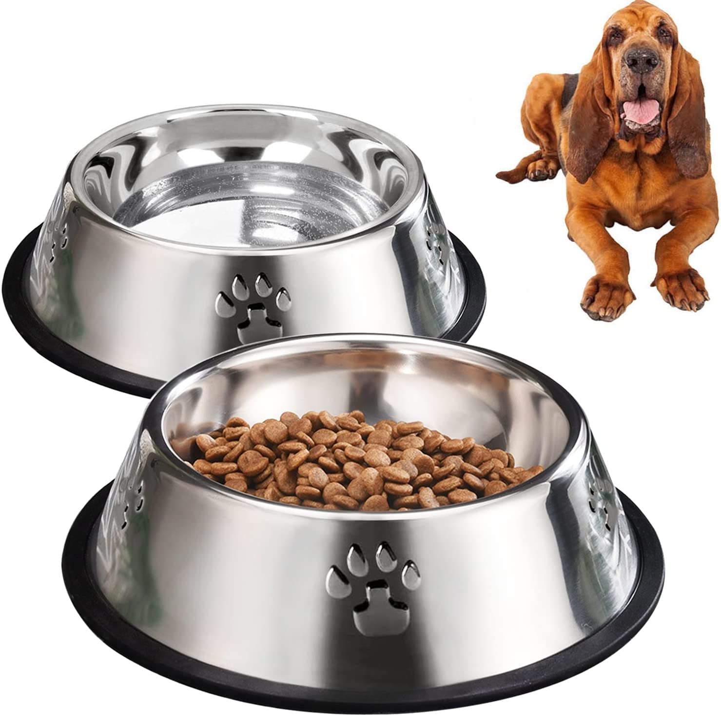 2 Stainless Steel Dog Bowls, Dog Feeding Bowls for Large Dogs, Anti-Turnover Pet Dish with Rubber Base, Medium and Large Pet Feeder Food Water Plate (Xl-51Oz)