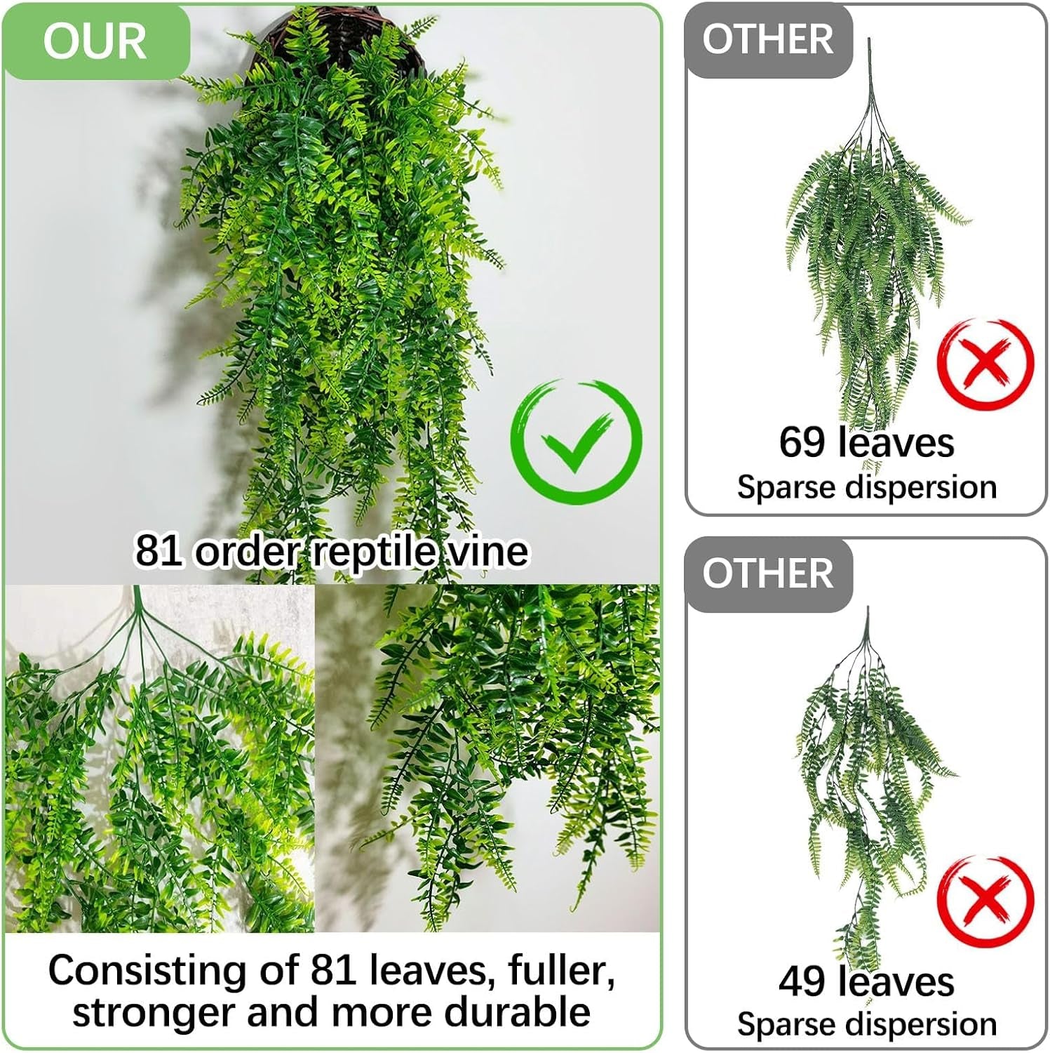 Reptile Plants Hanging Fake Vines Boston Climbing Terrarium Plant with Suction Cup for Bearded Dragons Lizards Geckos Snake Pets Hermit Crab and Tank Habitat Decorations (2 Pack)