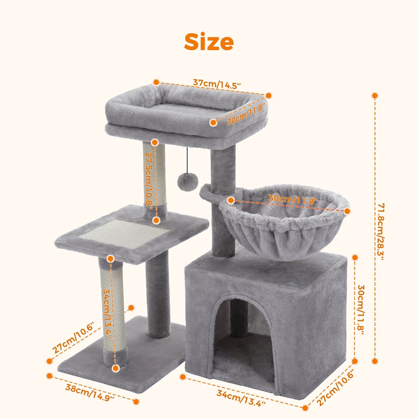 28" Small Cat Tree Tower Cat Condo with Perch Cat Scratching Post for Indoor Cats, Gray