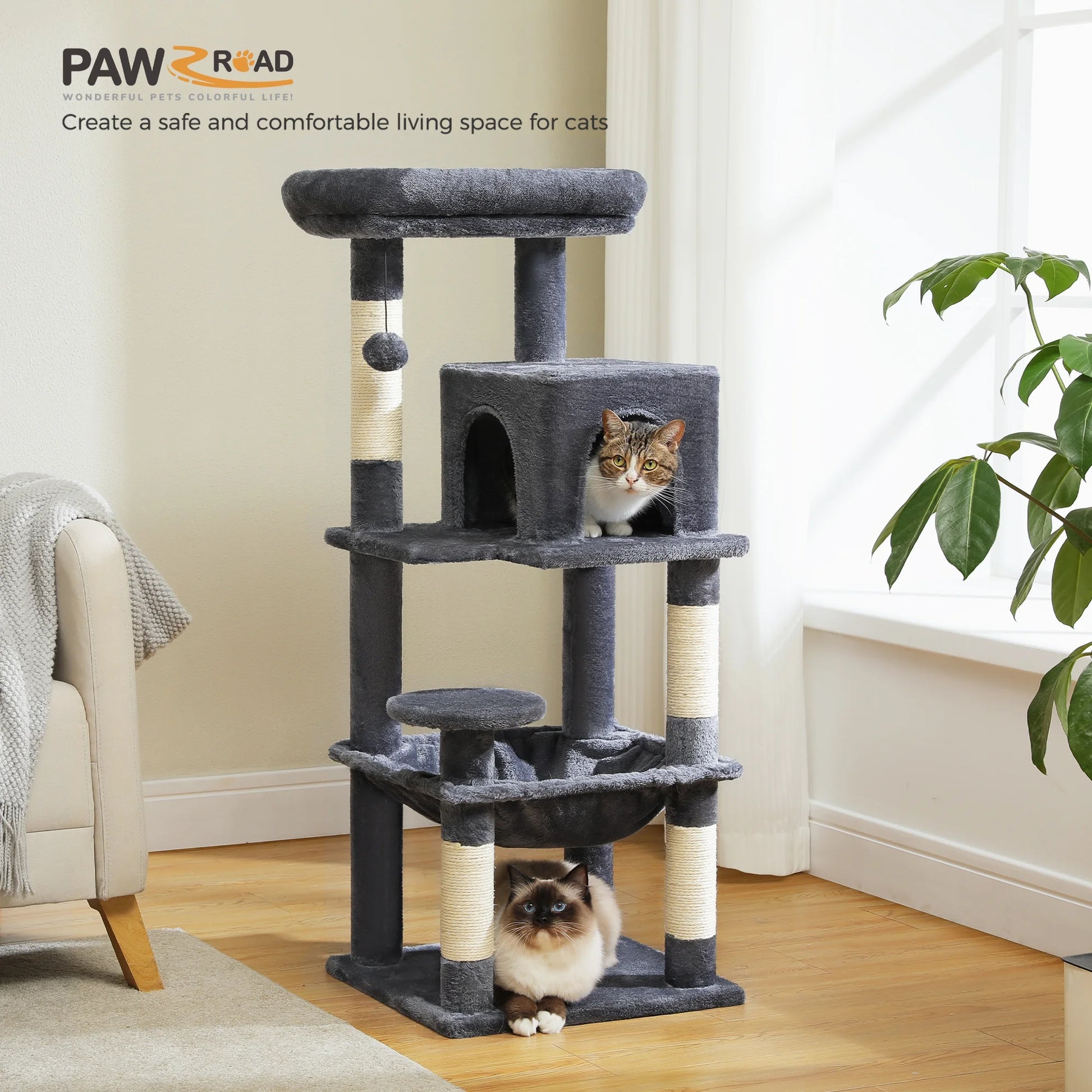 Cat Tree Condo 46”With Sisal Covered Scratching Posts Tower Deep Hammock and Large Perch for Small Cats,Dark Gray