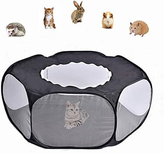 Small Animals Cage Tent, Pet Playpen with Top Opening Foldable Breathable Yark Fence for Guinea Pig, Rabbits, Hamster, Chinchillas and Hedgehogs (Black)