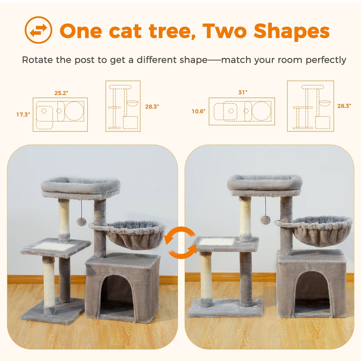 28" Small Cat Tree Tower Cat Condo with Perch Cat Scratching Post for Indoor Cats, Gray