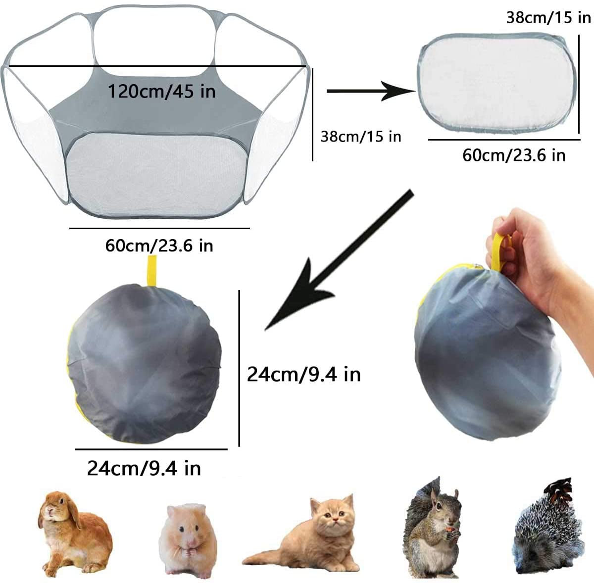 Small Animals Tent,Reptiles Cage,Breathable Transparent Pet Playpen Pop Open Outdoor/Indoor Exercise Fence,Portable Yard Fence (Grey)