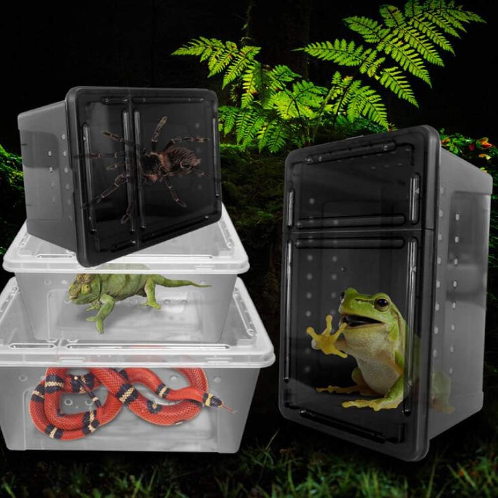 Portable Reptile Terrarium Habitat for Mini Pet Houses Breathable Holes Stackable Container (Black-L)