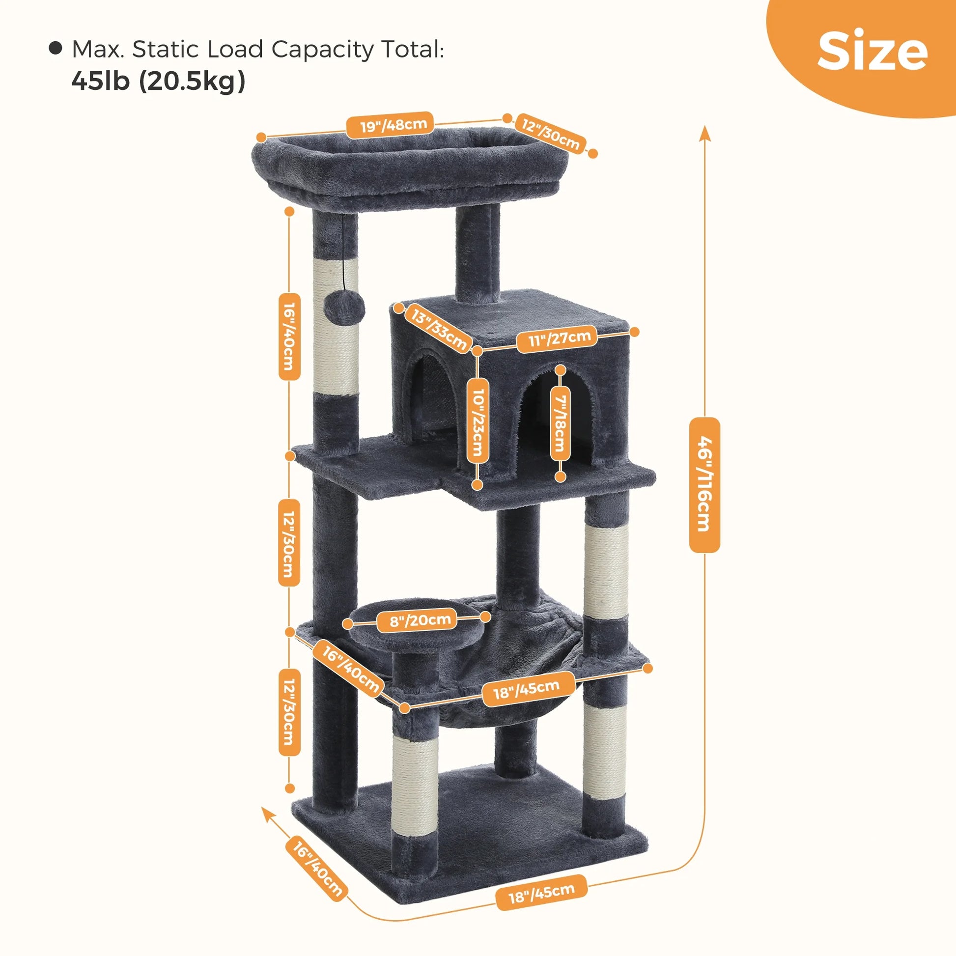 Cat Tree Condo 46”With Sisal Covered Scratching Posts Tower Deep Hammock and Large Perch for Small Cats,Dark Gray