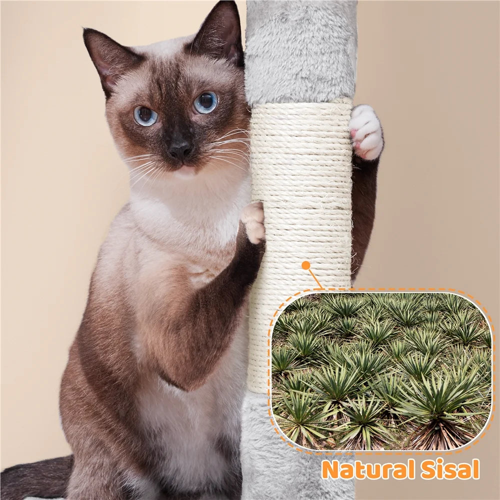 Multilevel Plush Cat Tree with Dangling Balls for Cats and Kittens, Light Gray