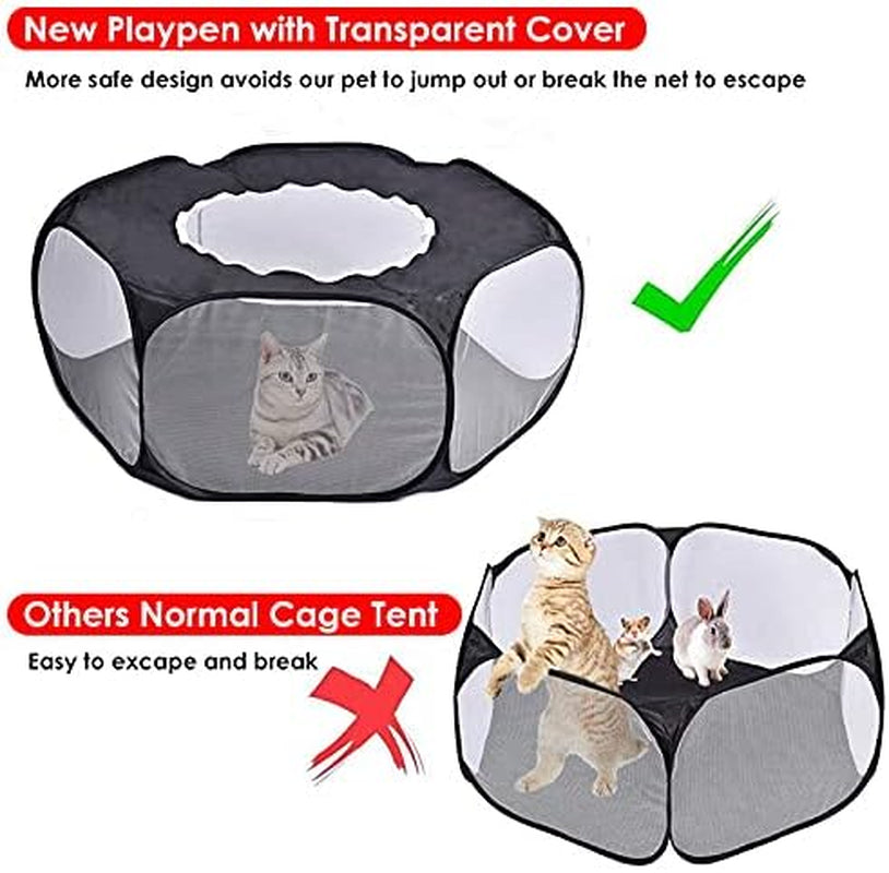 Small Animals Cage Tent, Pet Playpen with Top Opening Foldable Breathable Yark Fence for Guinea Pig, Rabbits, Hamster, Chinchillas and Hedgehogs (Black)