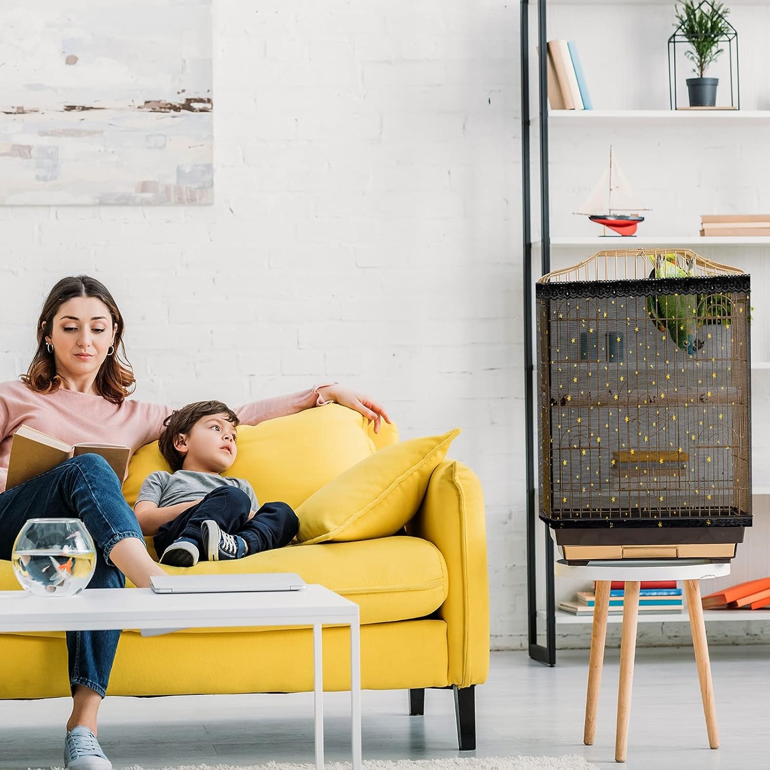 Large Bird Cage Cover Birdcage Nylon Mesh Net Cover Seed Feather Catcher Twinkle Star Universal Birdcage Cover Bird Seed Guard Skirt for Parakeet Macaw African round Square Cage (Black, L)