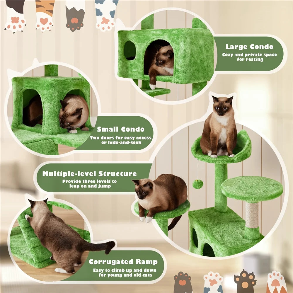 53.9" H Cat Tree with Double Condos, Scratching Posts & Ramp, Green