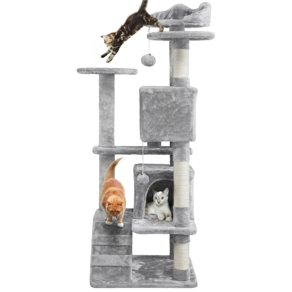 53.9''H Cat Tree Condo with Scratching Post Tower, Light Gray