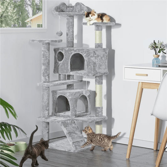 53.9''H Cat Tree Condo with Scratching Post Tower, Light Gray