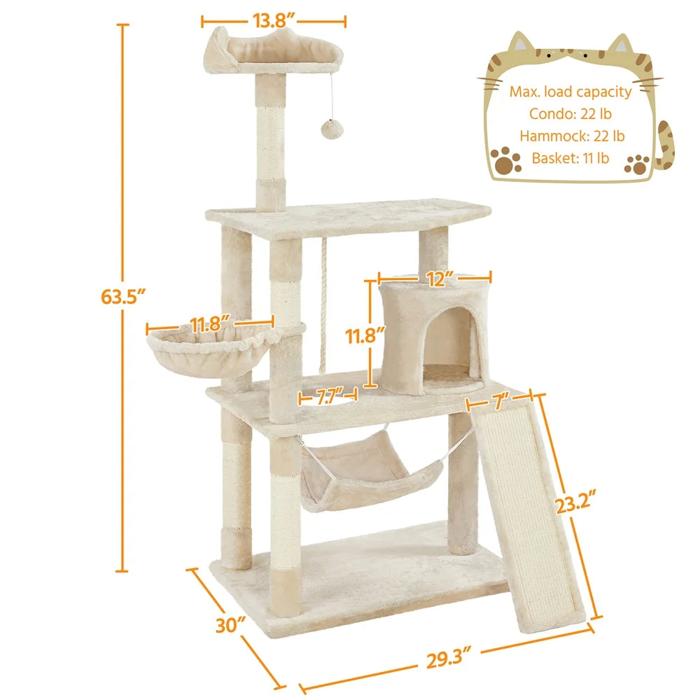 Easyfashion 63.5''H Multi Level Cat Tree Condo with Scratching Post, Beige
