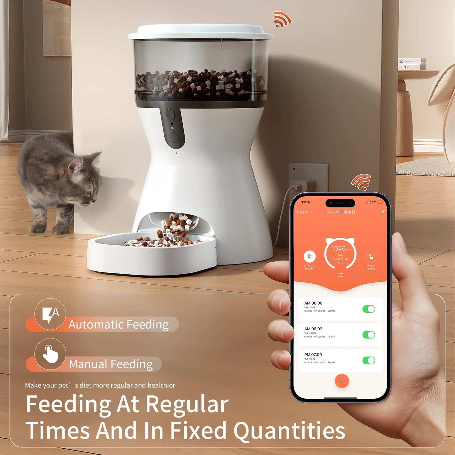 Automatic Cat Feeders Wifi, Timed Dog Feeder with 10S Dining Voice Record, 4L Cat/Dog Food Dispenser