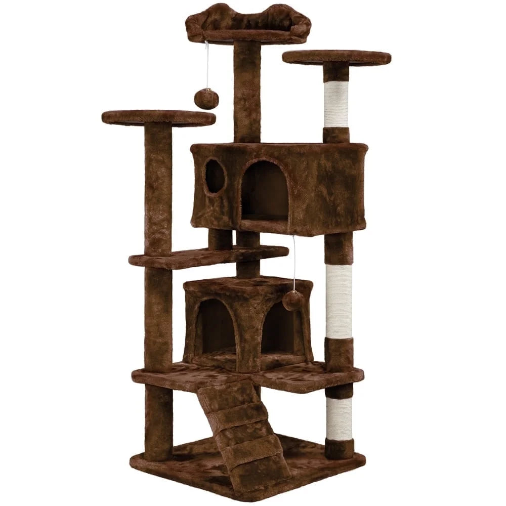 53.9" H Cat Tree with Double Condos, Scratching Posts & Ramp, Brown
