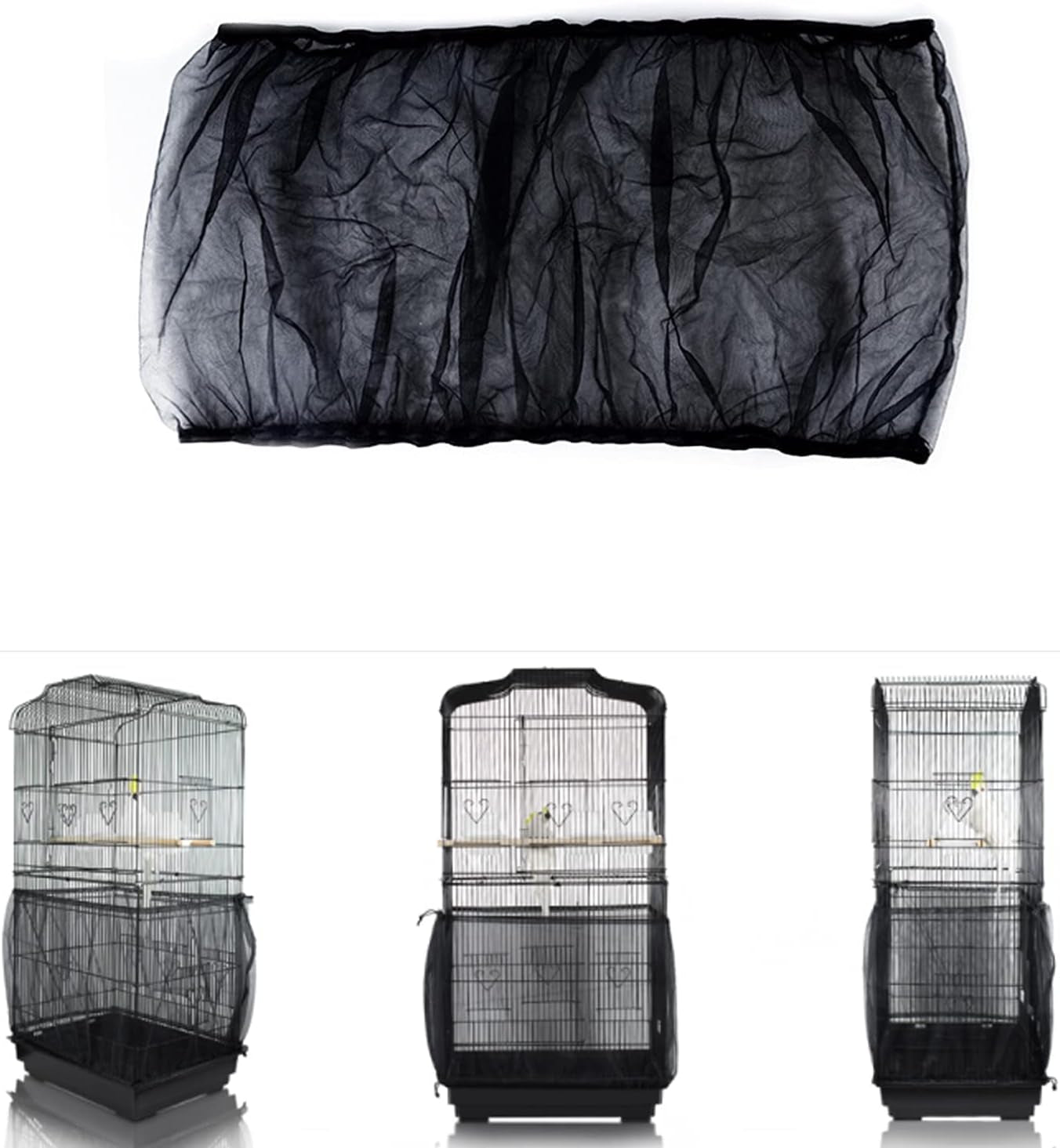 Bird Cage Seed Catcher, Airy Gauze Seeds Bird Cage Cover Guard Dust-Proof Universal Birdcage Accessories Parrot Bird Nylon Mesh Net Cover Stretchy Shell Skirt Traps Cage Basket (XL, Black)