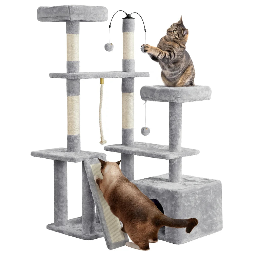 Multilevel Plush Cat Tree with Dangling Balls for Cats and Kittens, Light Gray