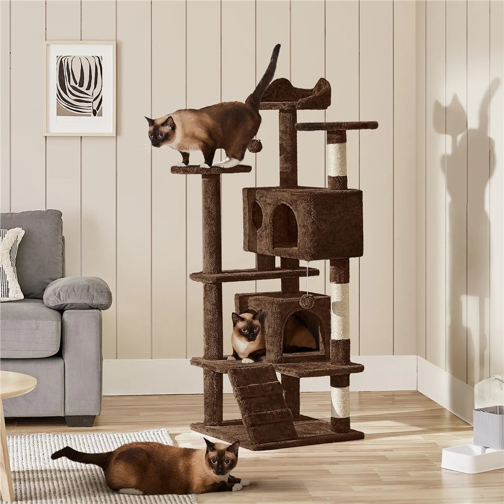 53.9" H Cat Tree with Double Condos, Scratching Posts & Ramp, Brown
