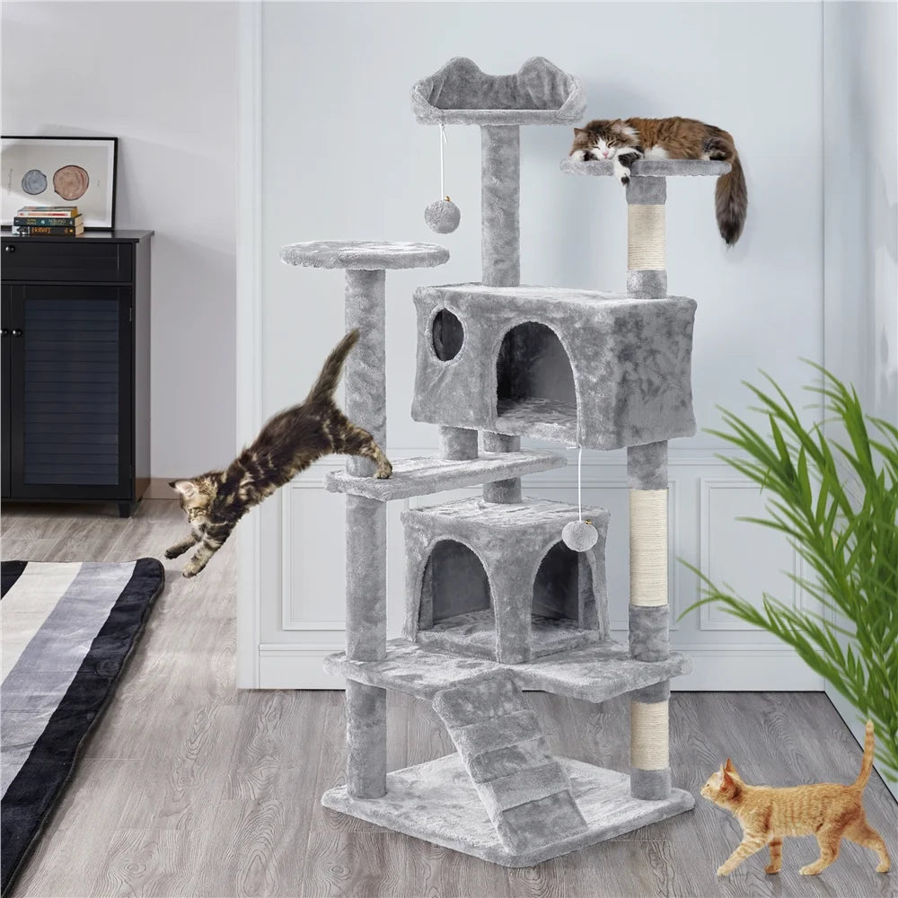 53.9''H Cat Tree Condo with Scratching Post Tower, Light Gray