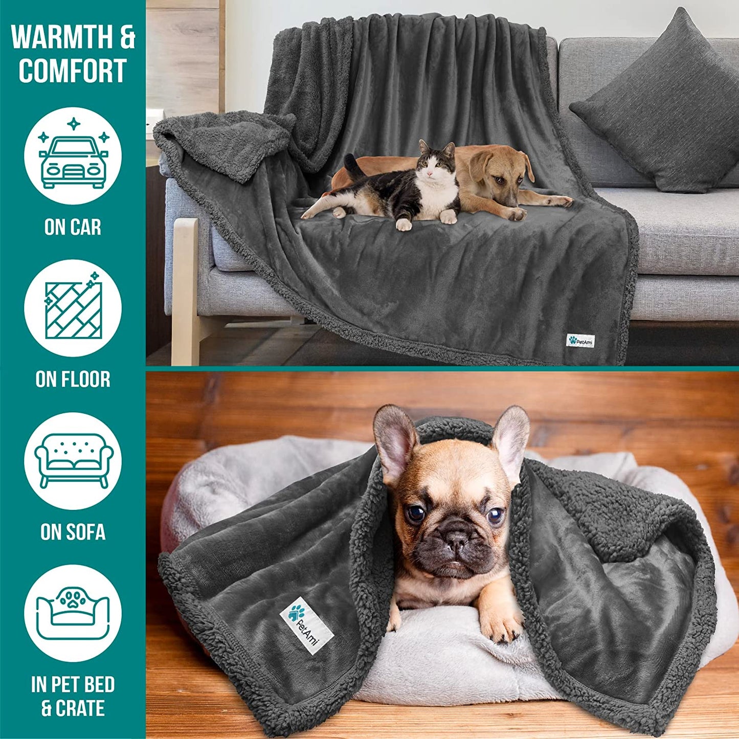 Dog Blanket for Bed, XL Pet Blanket Large Dogs, Fleece Furniture Couch Cover Protector Sofa Car Crate Kennel, Soft Sherpa Cat Throw Plush Reversible Washable, Twin 60X80 Solid Dark Gray