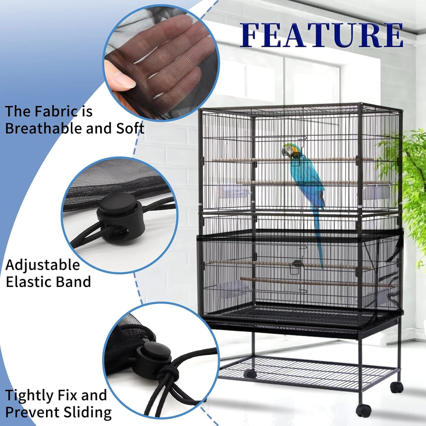2Pcs Large Bird Cage Cover, Adjustable Parrot Nylon Airy Soft Mesh Net, Universal Seed Feather Catcher, Birdcage Cover Skirt Sheer Guard for Parakeet Macaw round Square Cages