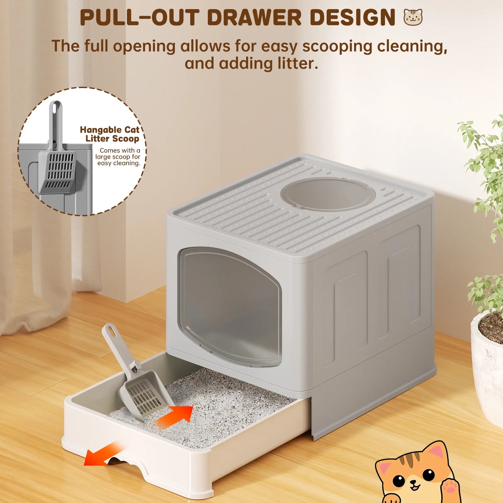 Extra Large Foldable Cat Litter Box with Litter Scoop, Front Entry Top Exit Cat Litter Pan with Lid, Enclosed Anti-Splashing Kitty Litter Box, Drawer Type Cat Litter Easy Cleaning and Scoop, Gray