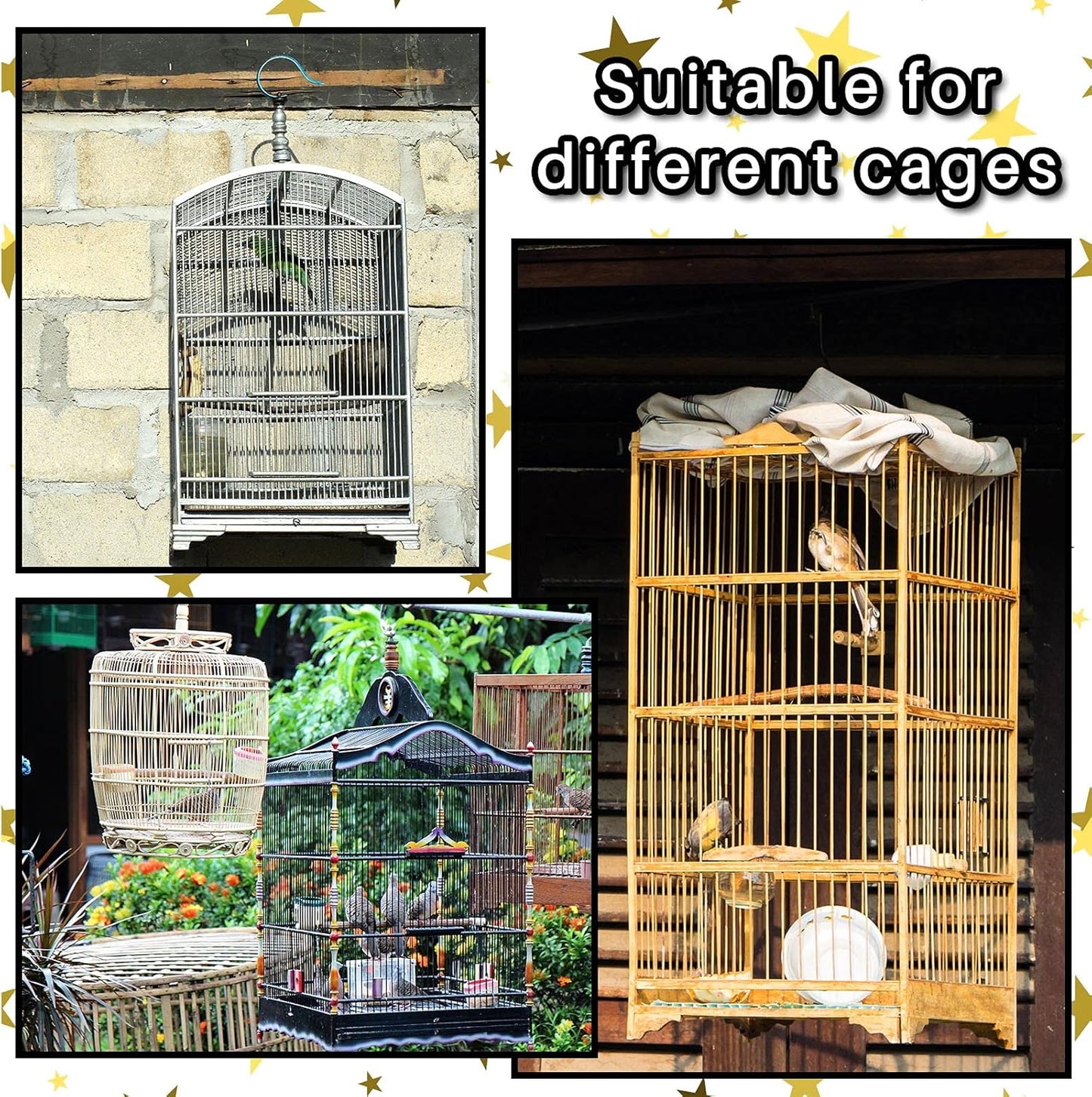 Large Bird Cage Cover Birdcage Nylon Mesh Net Cover Seed Feather Catcher Twinkle Star Universal Birdcage Cover Bird Seed Guard Skirt for Parakeet Macaw African round Square Cage (Black, L)
