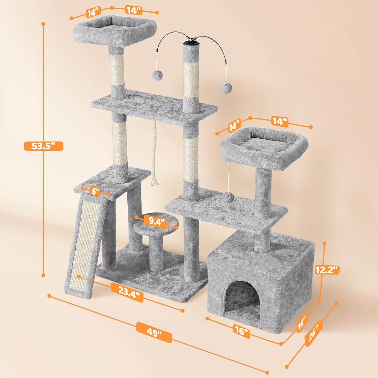 Rotatable Cat Tree 53.5In Multi-Level Cat Tower for Indoor Kittens/Large Cats, Pet House with Scratching Posts,Climbing Furniture Play Center, Light Gray
