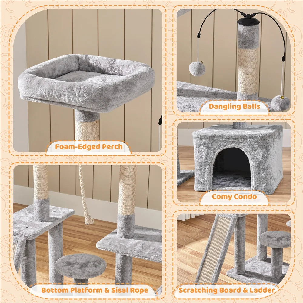Multilevel Plush Cat Tree with Dangling Balls for Cats and Kittens, Light Gray