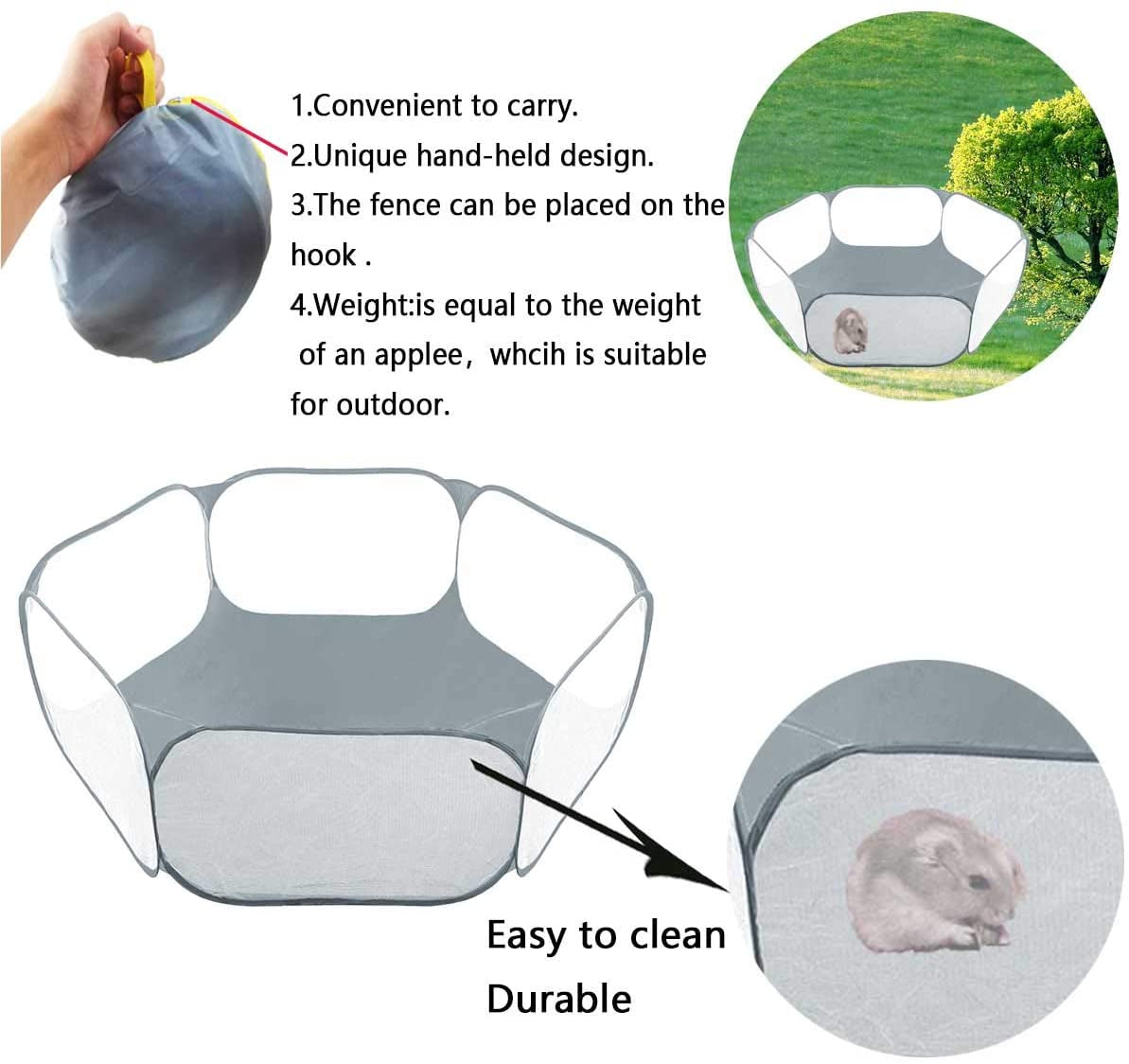 Small Animals Tent,Reptiles Cage,Breathable Transparent Pet Playpen Pop Open Outdoor/Indoor Exercise Fence,Portable Yard Fence (Grey)