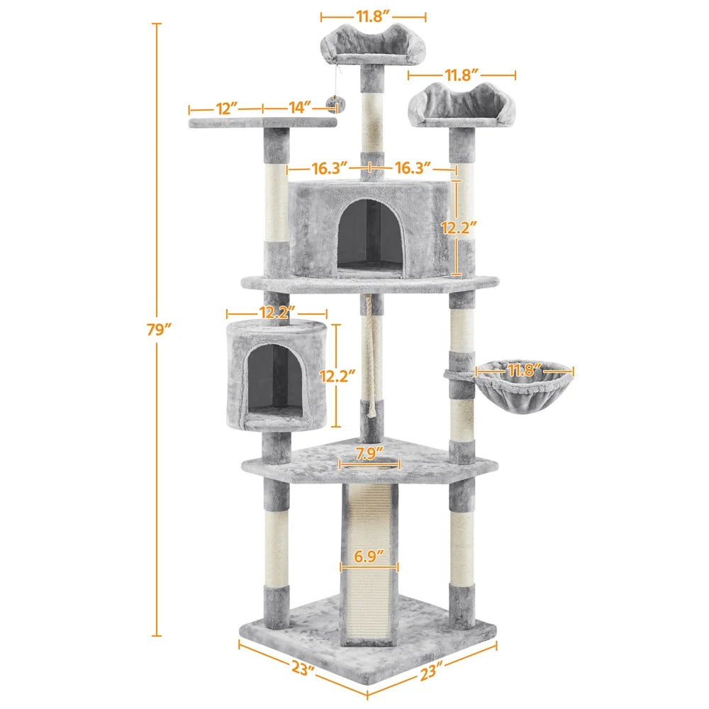 Multi-Level Cat Tree Condo Tower with Basket, Scratching Posts & Ramp Light Gray, 79'' H