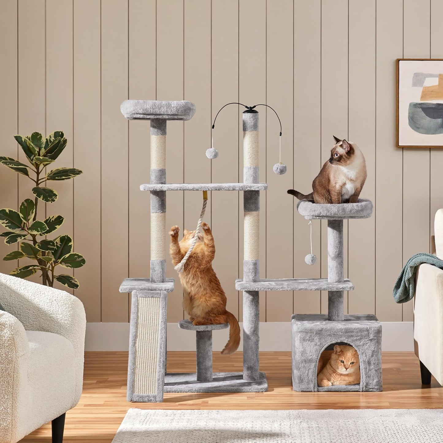Rotatable Cat Tree 53.5In Multi-Level Cat Tower for Indoor Kittens/Large Cats, Pet House with Scratching Posts,Climbing Furniture Play Center, Light Gray