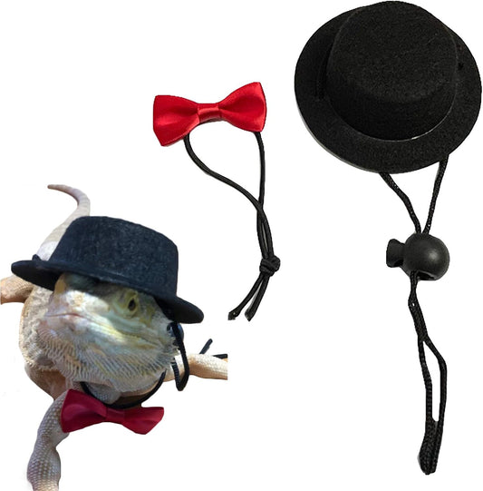 2PCS Valentine'S Day Bearded Dragon Lizard Hat and Bowtie Reptile Black Hat with Bow Tie Cool Pet Cap Small Animal Outfit Suit Cosplay Sculpt (Black)