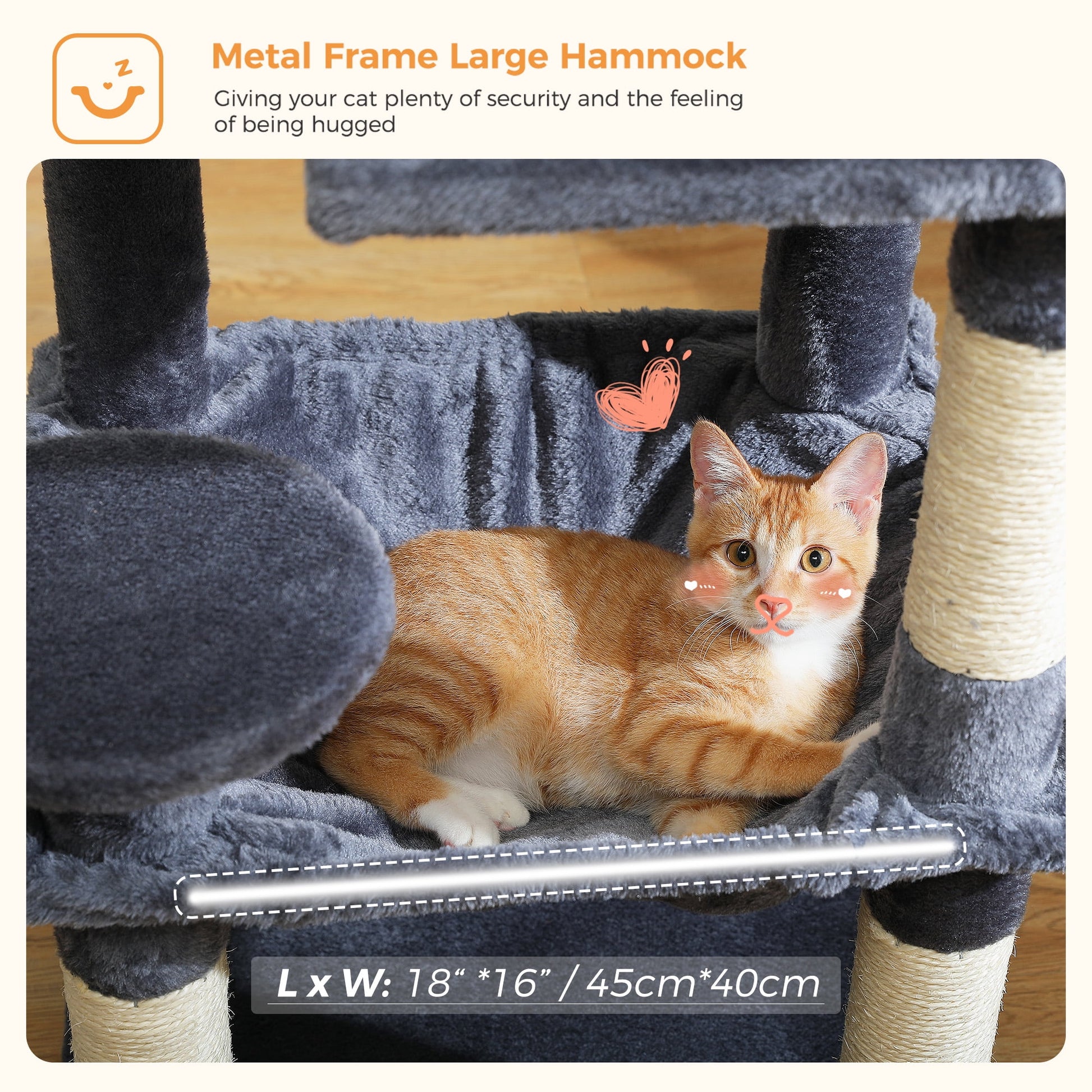 Cat Tree Condo 46”With Sisal Covered Scratching Posts Tower Deep Hammock and Large Perch for Small Cats,Dark Gray