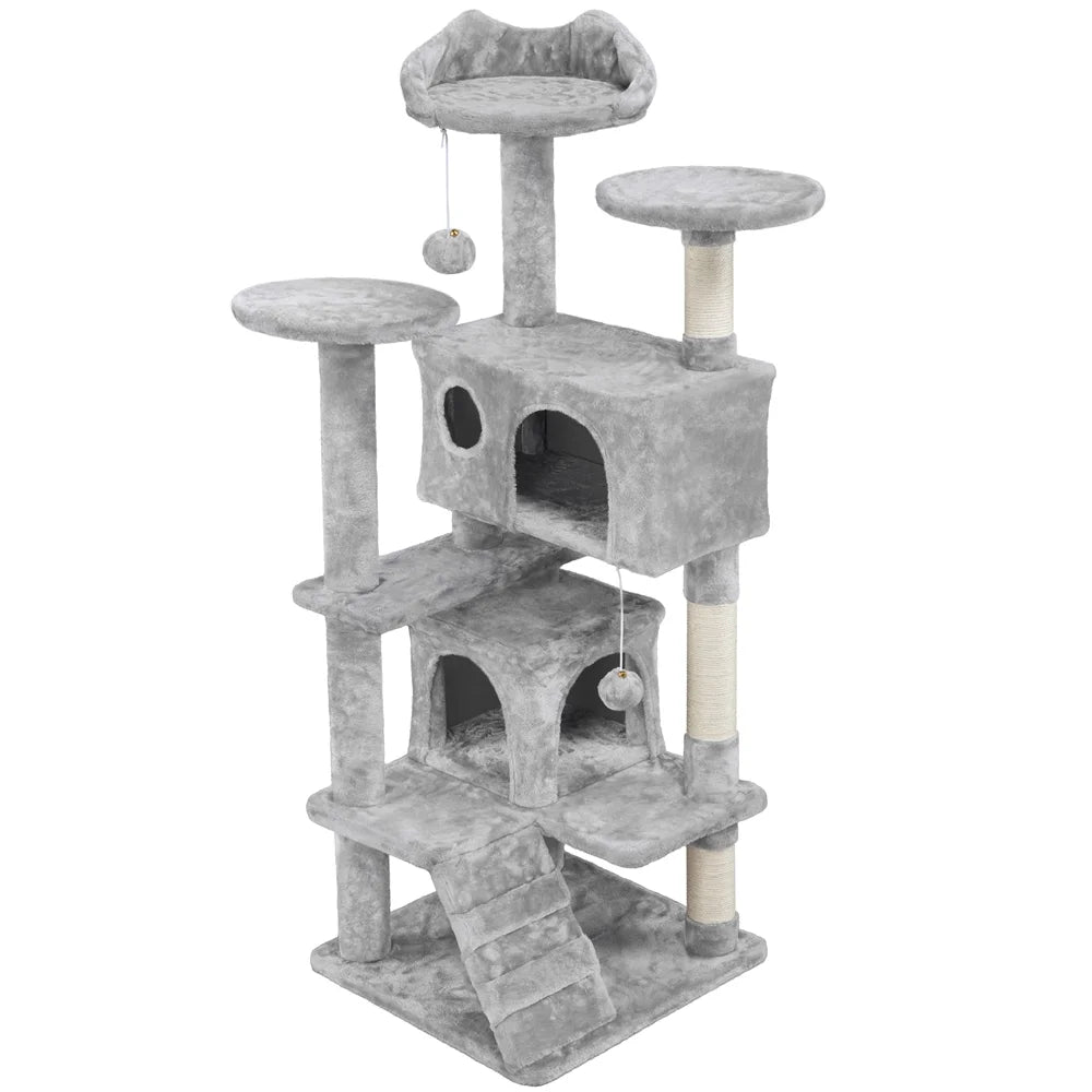 53.9''H Cat Tree Condo with Scratching Post Tower, Light Gray