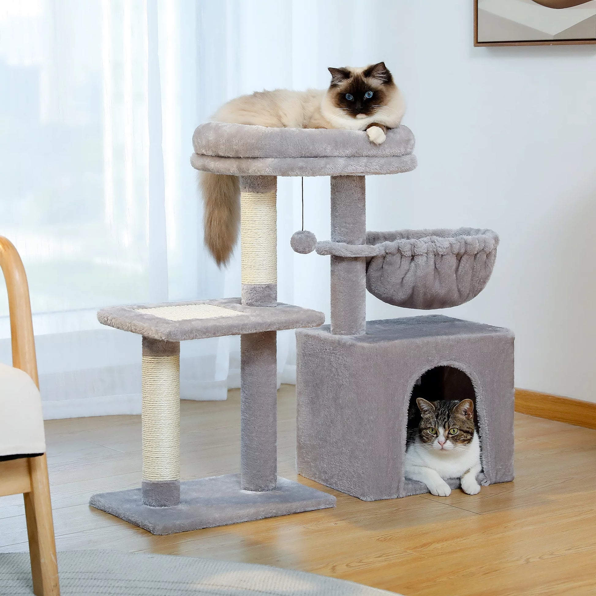 28" Small Cat Tree Tower Cat Condo with Perch Cat Scratching Post for Indoor Cats, Gray