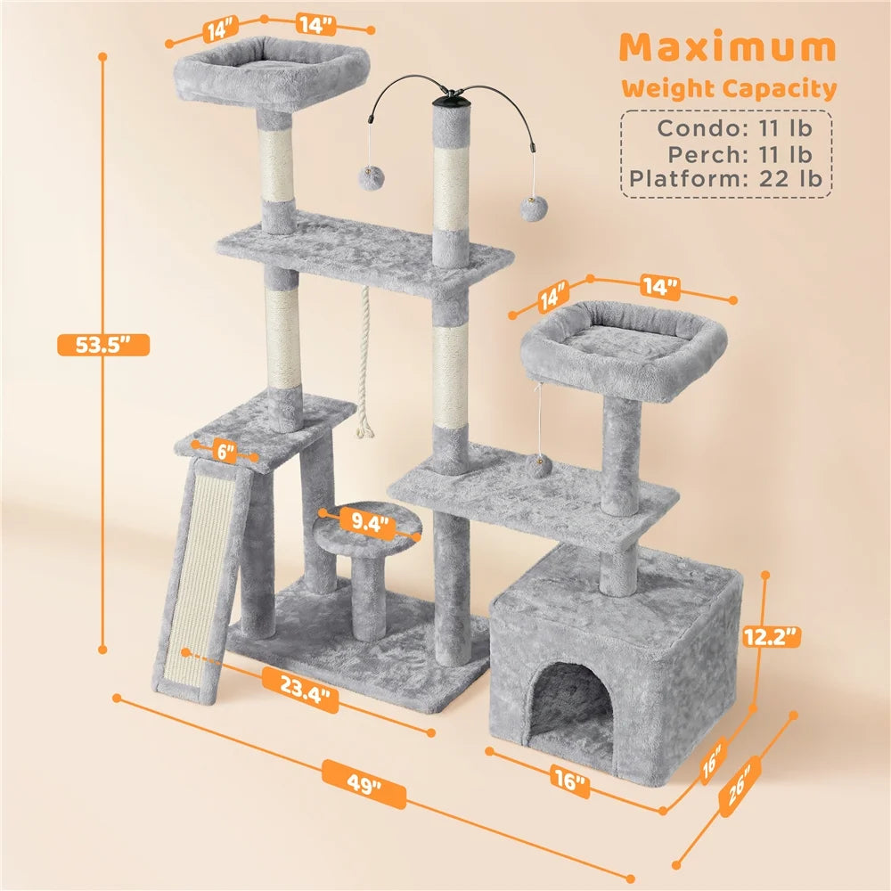 Multilevel Plush Cat Tree with Dangling Balls for Cats and Kittens, Light Gray