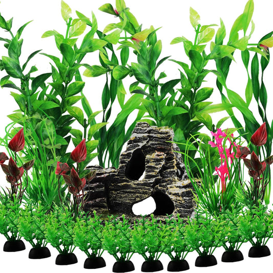 Fish Tank Accessories Aquarium Decorations Rock Plants, 20Pcs Green Fish Tank Decorations Plants and Cave Rock Decoration Decor Set, Fish Tank Decor, Aquarium Decor Plastic Plants