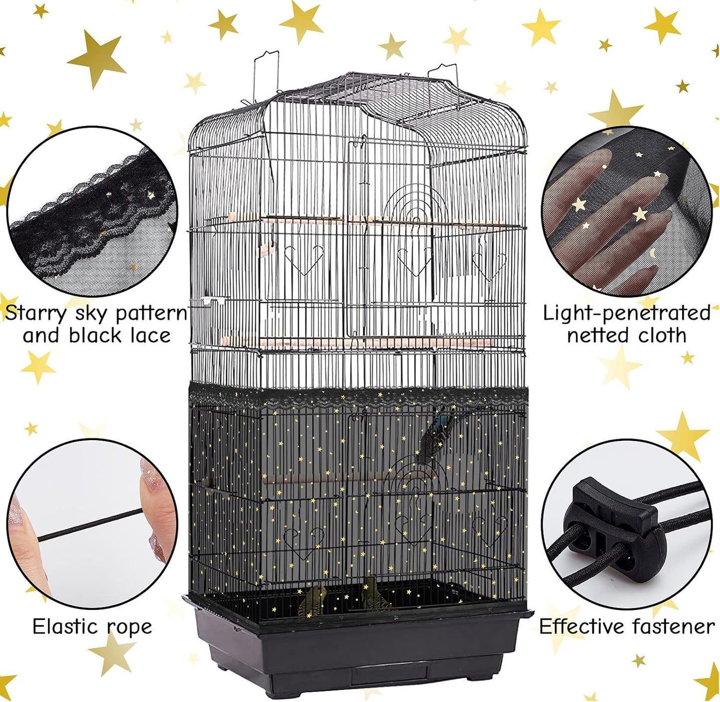 Large Bird Cage Cover Birdcage Nylon Mesh Net Cover Seed Feather Catcher Twinkle Star Universal Birdcage Cover Bird Seed Guard Skirt for Parakeet Macaw African round Square Cage (Black, L)