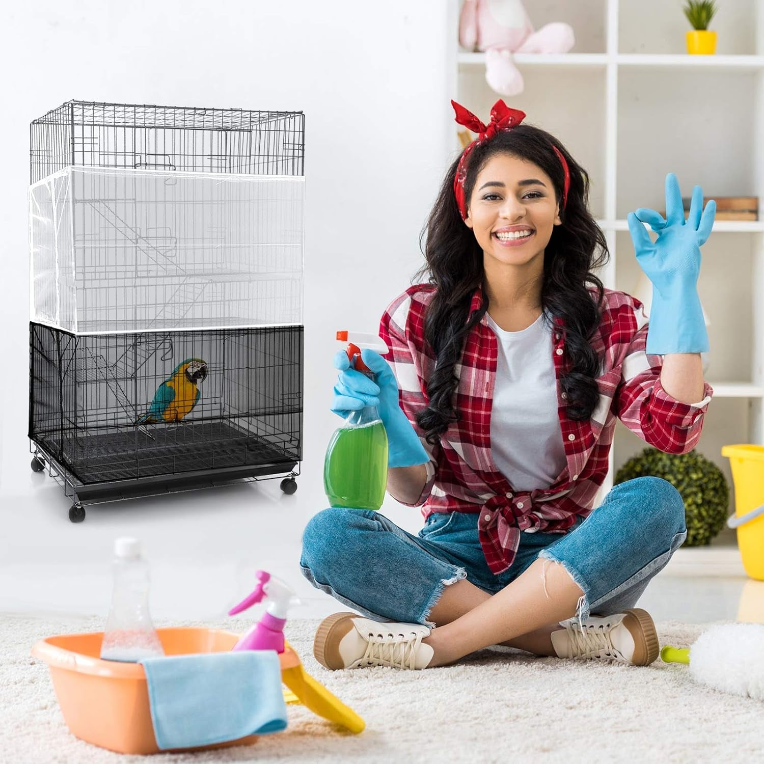 3 Pieces Large Adjustable Bird Cage Cover Seed Feather Catcher Birdcage Nylon Mesh Net Cover Soft Skirt Guard for Parakeet Macaw African round Square Cage (118 X 15 Inch in Circumference and Width)