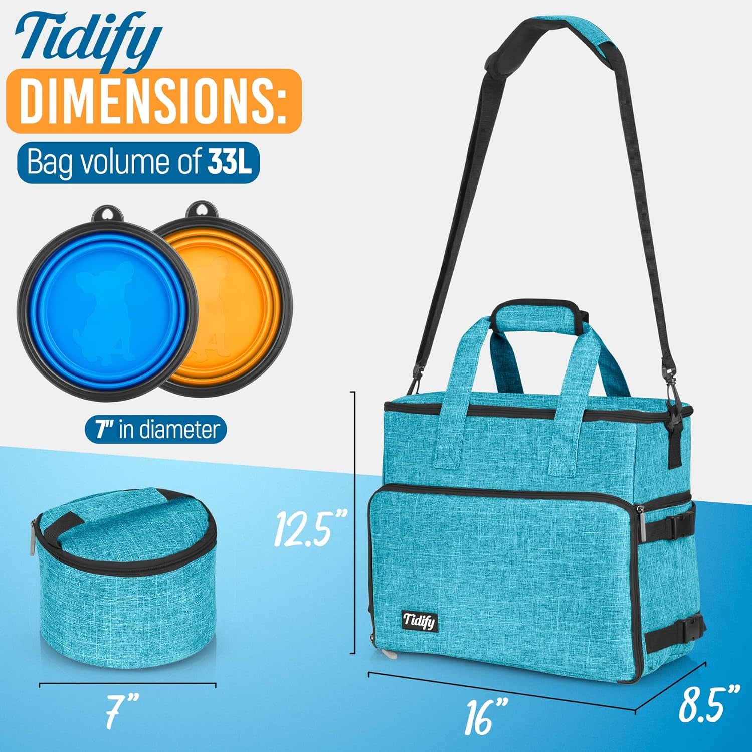 Dog Travel Bag Airline Approved Travel Set for Dog and Cat Tote Organizer with Multi Function Pockets, 2 Food Containers and Collapsible Bowls, Weekend Away Dog Bag for Travel Accessories - Blue