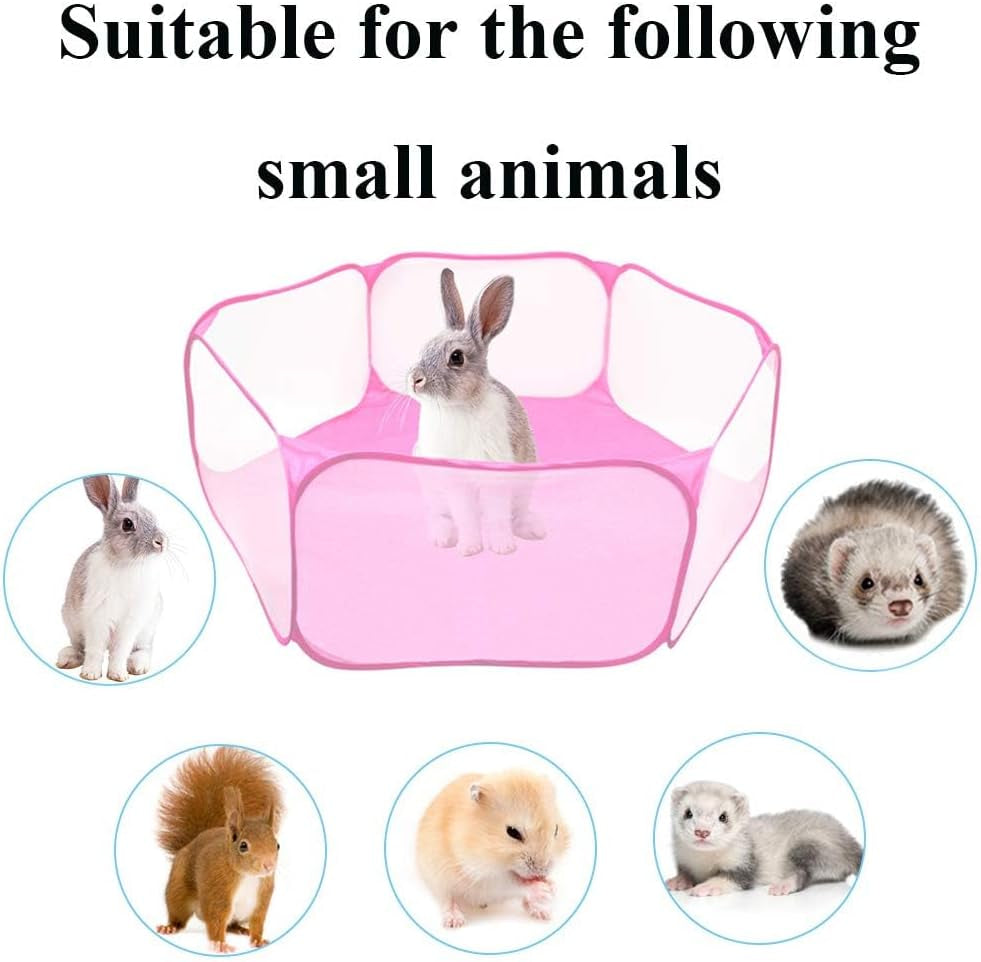 Small Animals Cage Tent, Breathable&Transparent Pets Playpen Folding Exercise Pop Open Outdoor/Indoor Portable Fence with Carrots for Guinea Pig Hamster Rabbit Rat Gerbils(Pink)