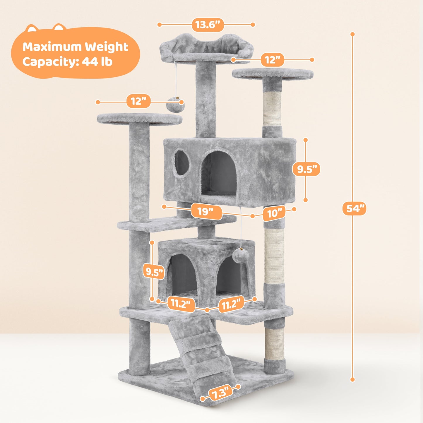 54.5" Cat Tree Tower with Condos and Scratching Posts, Light Gray
