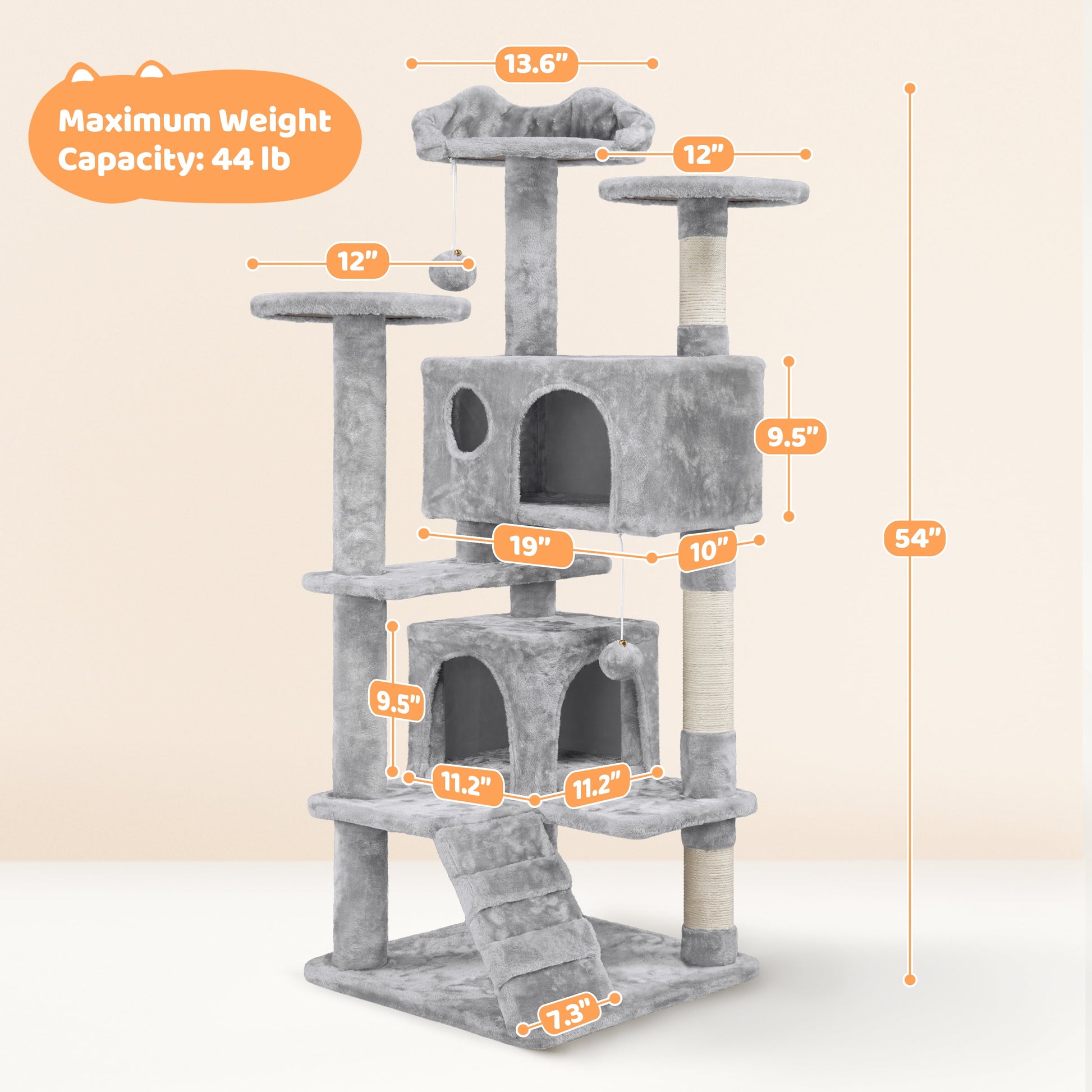 54.5" Cat Tree Tower with Condos and Scratching Posts, Light Gray