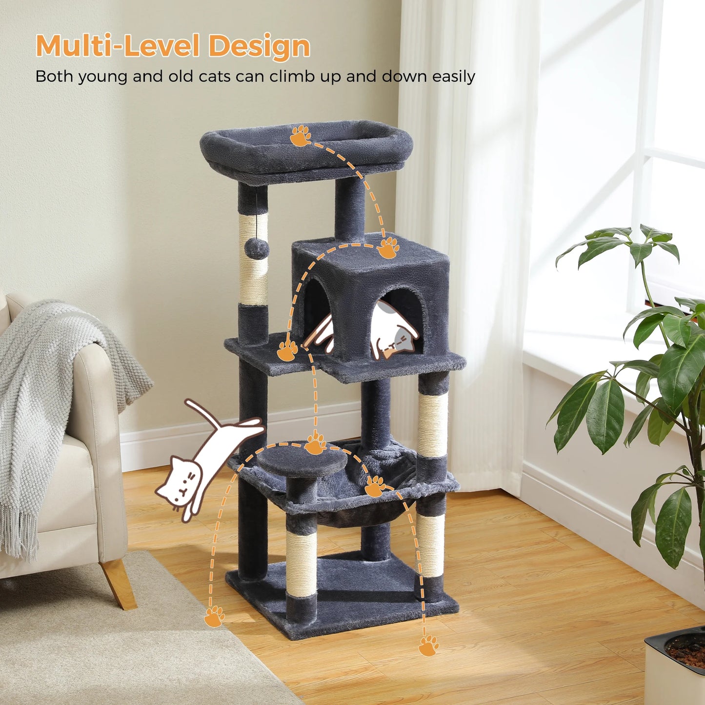 Cat Tree Condo 46”With Sisal Covered Scratching Posts Tower Deep Hammock and Large Perch for Small Cats,Dark Gray