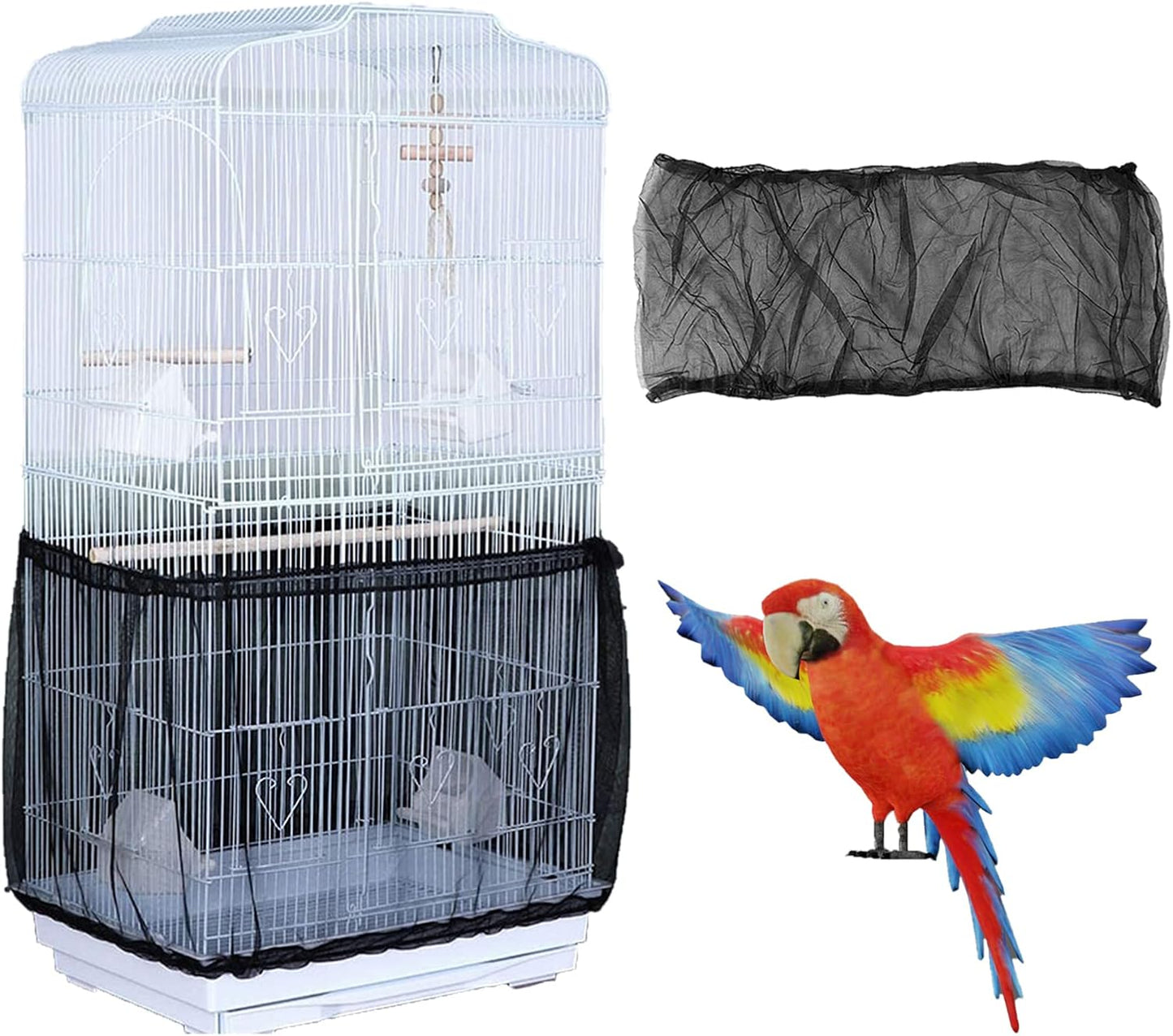 Bird Cage Seed Catcher, Airy Gauze Seeds Bird Cage Cover Guard Dust-Proof Universal Birdcage Accessories Parrot Bird Nylon Mesh Net Cover Stretchy Shell Skirt Traps Cage Basket (XL, Black)