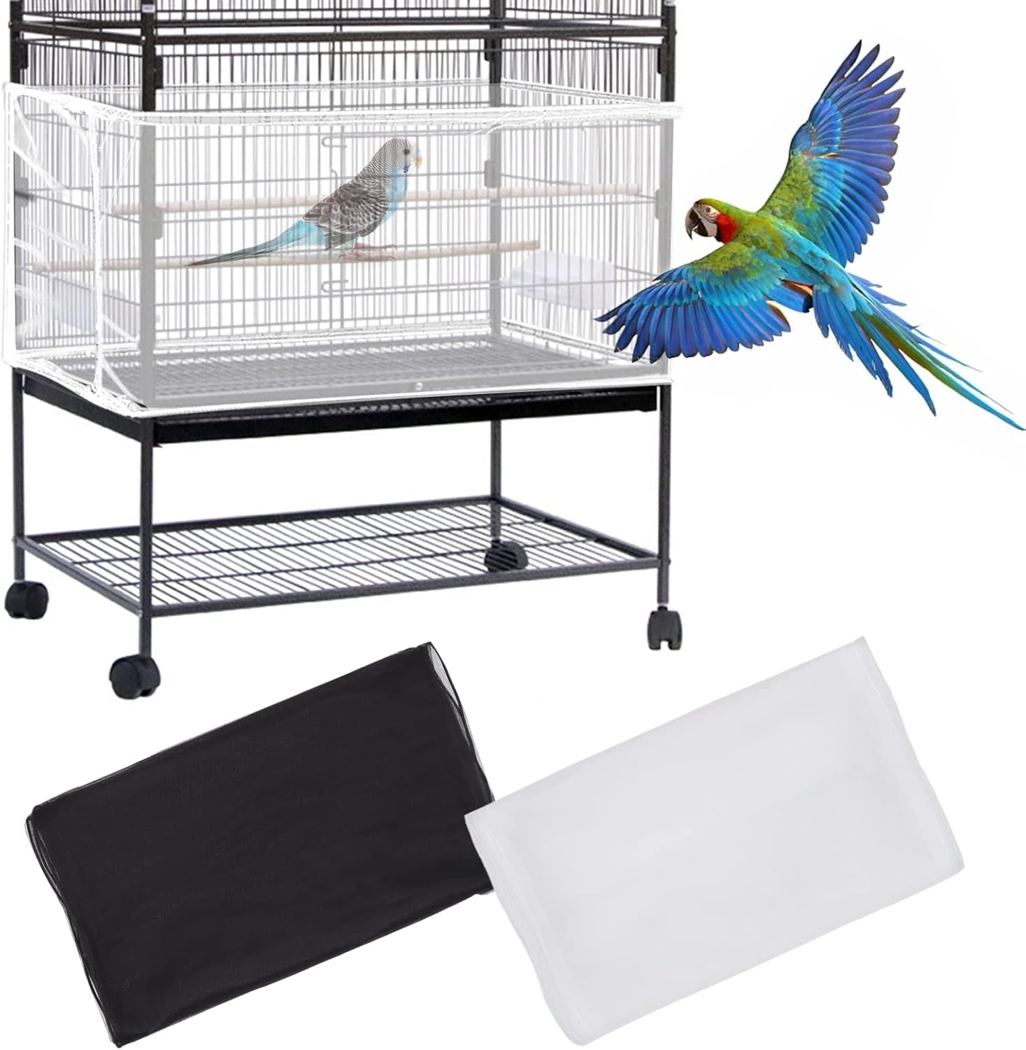 2Pcs Large Bird Cage Cover, Adjustable Parrot Nylon Airy Soft Mesh Net, Universal Seed Feather Catcher, Birdcage Cover Skirt Sheer Guard for Parakeet Macaw round Square Cages