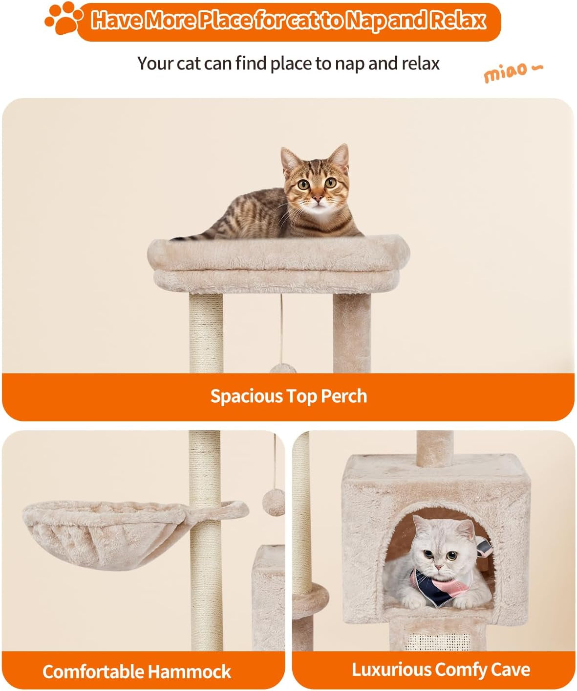 Cute Cat Tree Kitten Cat Tower for Indoor Cat Condo Sisal Scratching Posts with Jump Platform Cat Furniture Activity Center Play House Beige