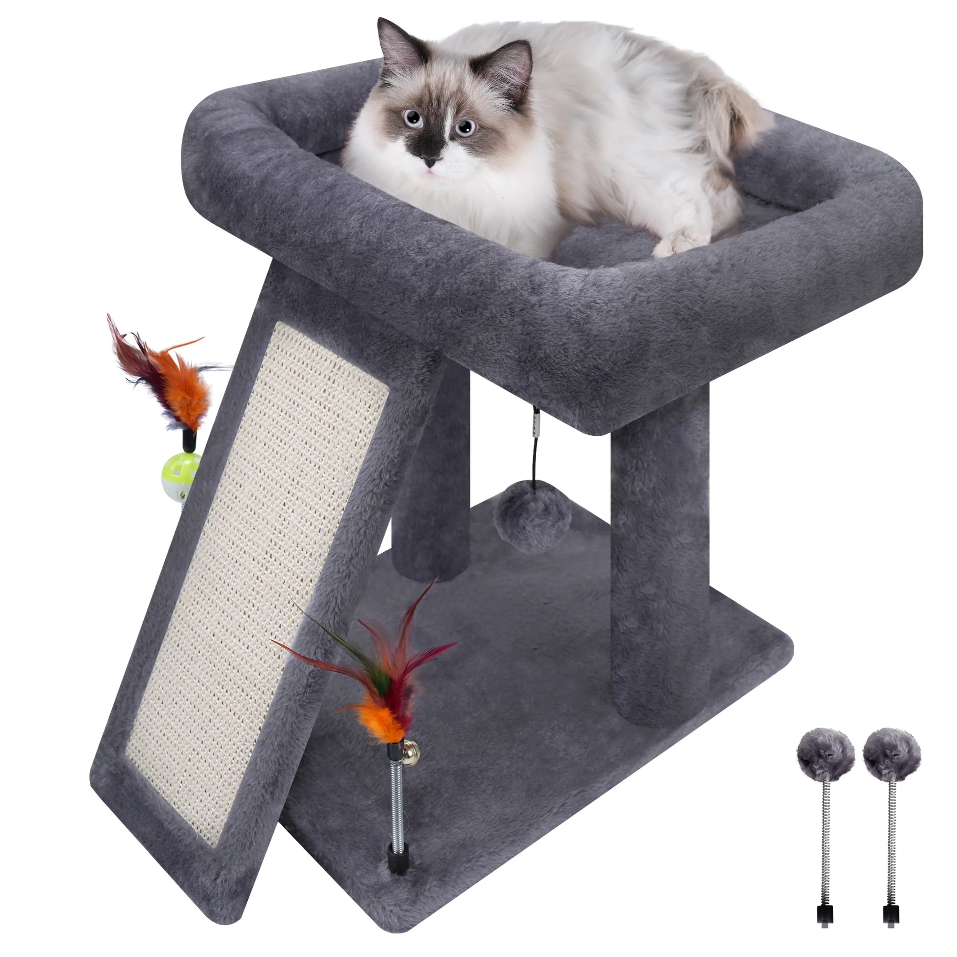 Cat Tree Tower with Scratching Board and Toy Balls, Grey